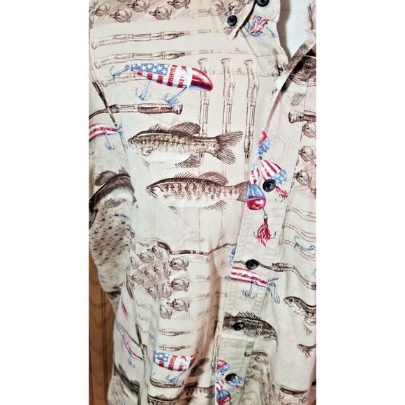 Vtg Redhead Men's Button-Up Short Sleeve Shirt Sz XL Fish Tackle Red White Blue - Picture 2 of 6